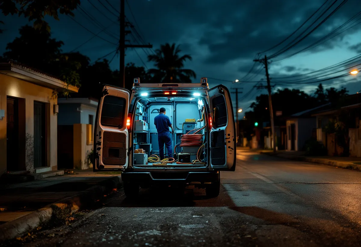 Veículo de atendimento da desentupidora com equipamentos, em rua residencial durante a noite