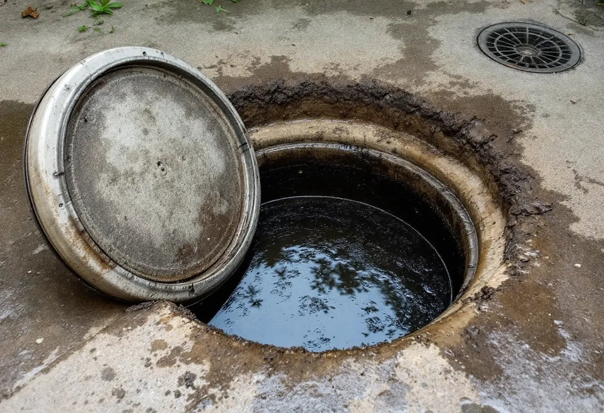 Caixa de gordura aberta em área externa, com a tampa retirada ao lado