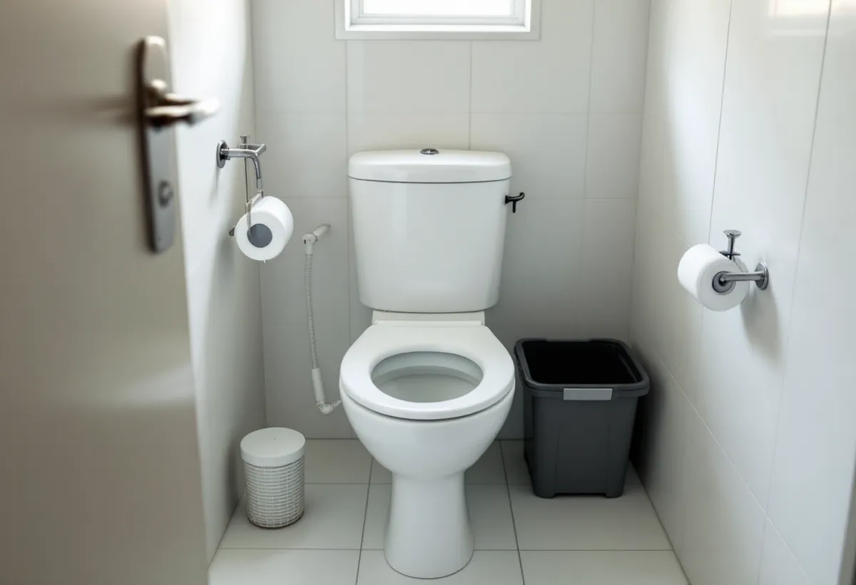 Banheiro residencial com vaso sanitário e lixeira de tampa ao lado, medida que evita o descarte indevido no vaso